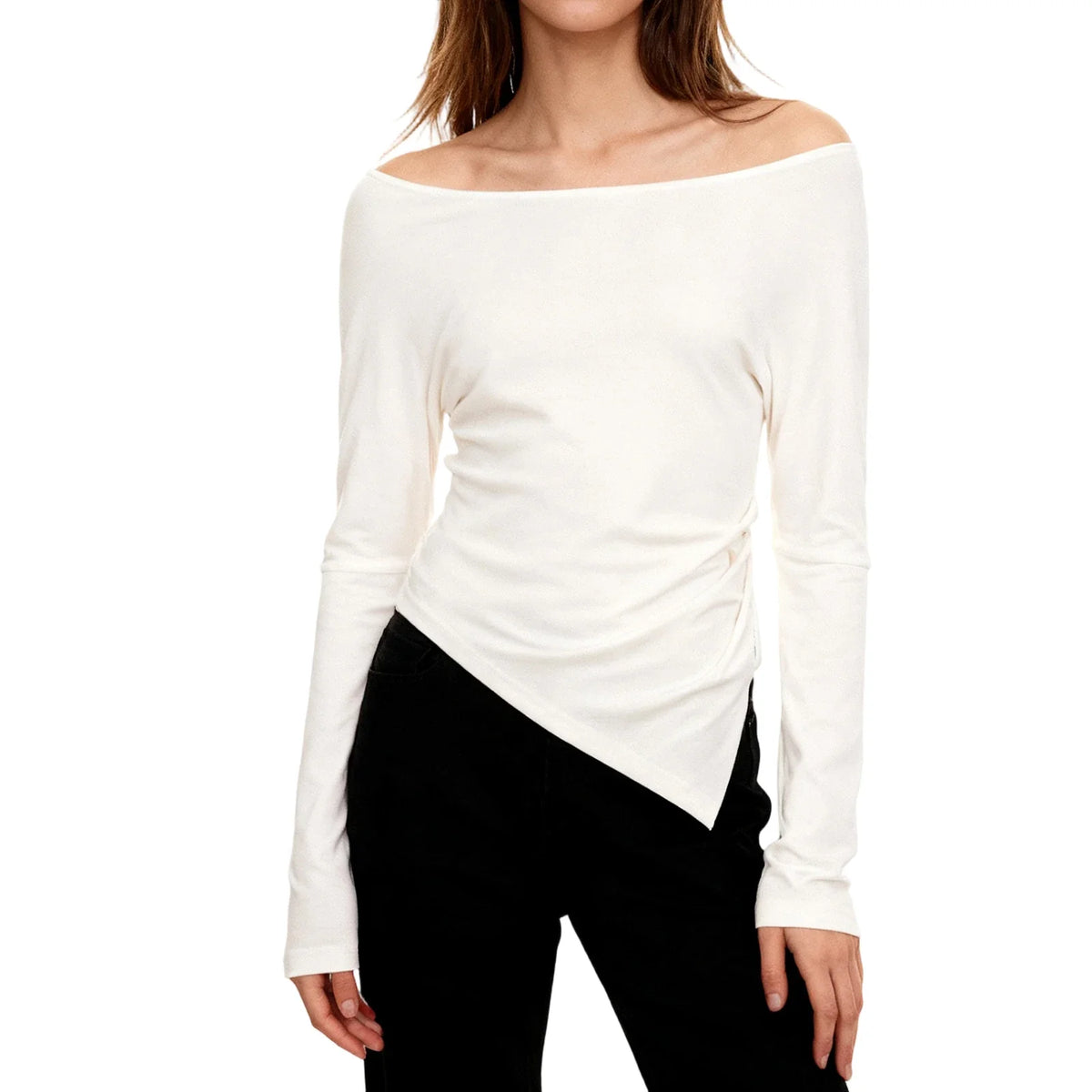 Women Irregular Crop Top YogaExercise Sports Gym Fashion Crop Top Casual T-Shirt Long Sleeve Boat Neck Solid Slim Sports Top