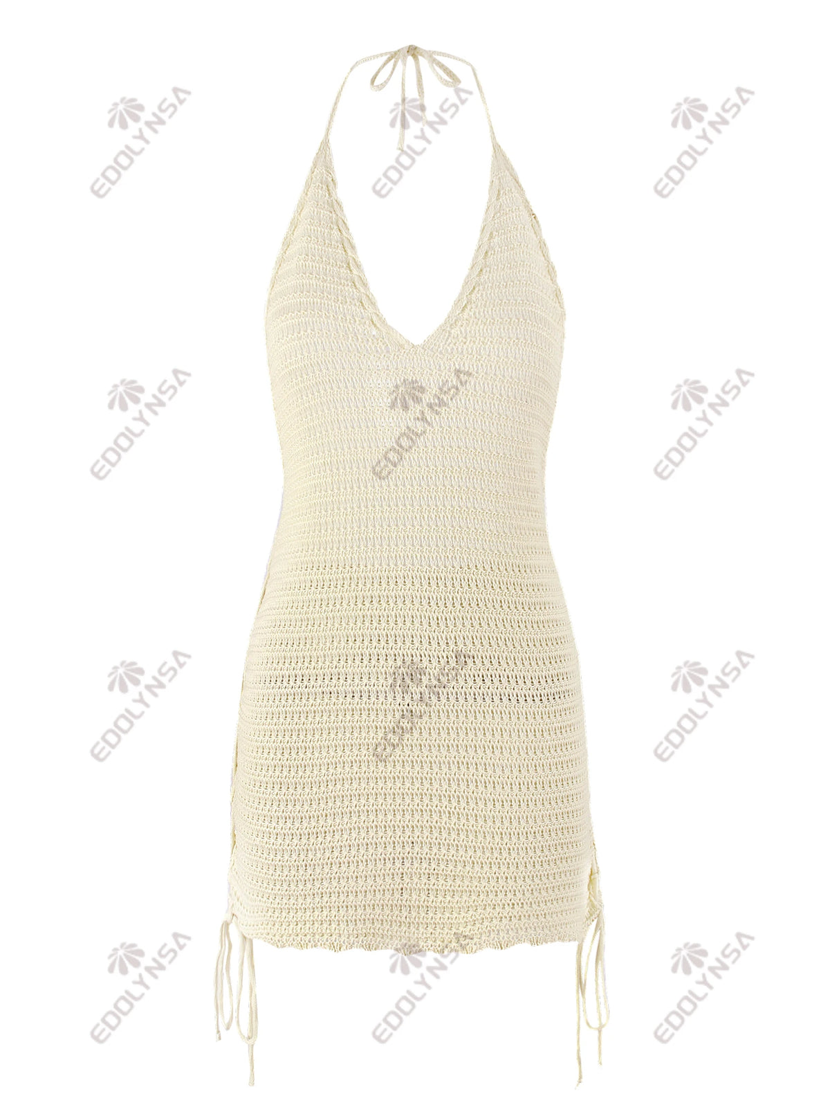 Solid Knit Halter V-neck Side Cross Straps Slim Beach Mini Dress 2026 Women Crochet Beach Swimsuit Cover Up Vacation Outfit K104