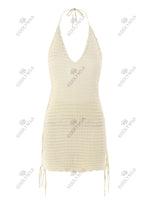 Solid Knit Halter V-neck Side Cross Straps Slim Beach Mini Dress 2026 Women Crochet Beach Swimsuit Cover Up Vacation Outfit K104