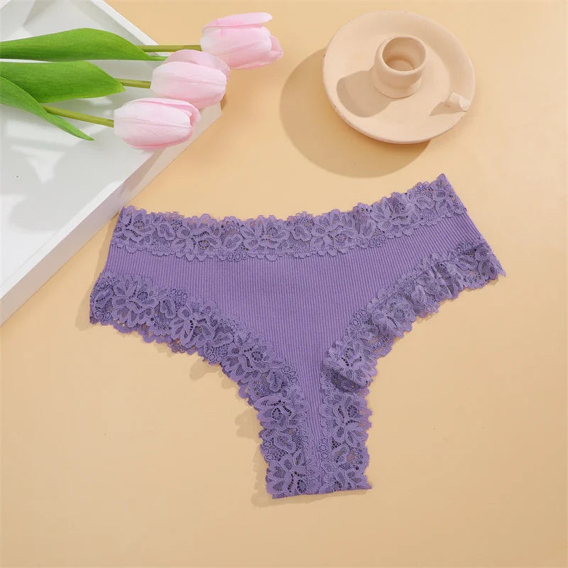 New Lace Seamless Cotton Panties Ribbed Maillard Brazilian Pants LowWaist Women Panties Breathable Girls Underwear Soft Lingerie