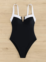 Sexy V Wire Swimwear Women 2025 White Black Contrast Slim Tummy Control One Piece Swimsuit Beach Backless Bathing Suit Monokini