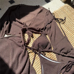 Beige Mesh Halter String Triangle Micro Thong Bikinis Sets 4 Pieces Long Sleeve Cover Ups Sexy Swimsuit Women Holiday Swimwear