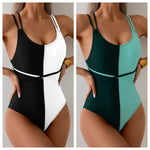 Vintage Black White Patchwork Swimwear Women 2025 Sexy Double Strap Bandage Cross Tummy Control Swimwear Summer Bathing Suits