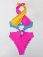 Sexy Constrast Color Swimwear Women Halter Cross Underwire Cut Out One Piece Swimsuit Bathing Suit Hot Pink Patchwork Bikini