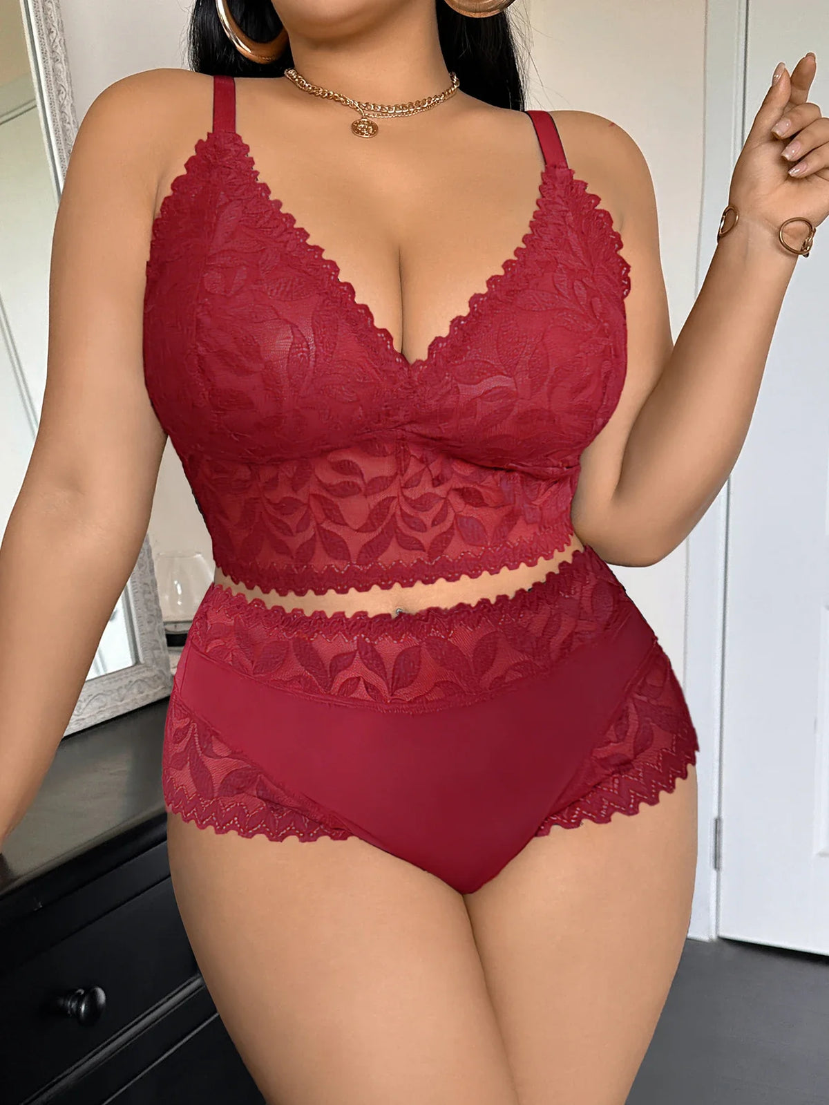 Women's Plus Size Sexy Lingerie Set Lace Floral Mesh Unlined Wireless Bra Breathable Sexy Lace Trim Panties 1Xl-4Xl
