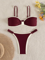 Sexy Wine Patchwork Bikini Set 2026 Women Front Tie Pleate Push Up Bra Thong Swimsuit Summer Bathing Suit Vacation Swimwear