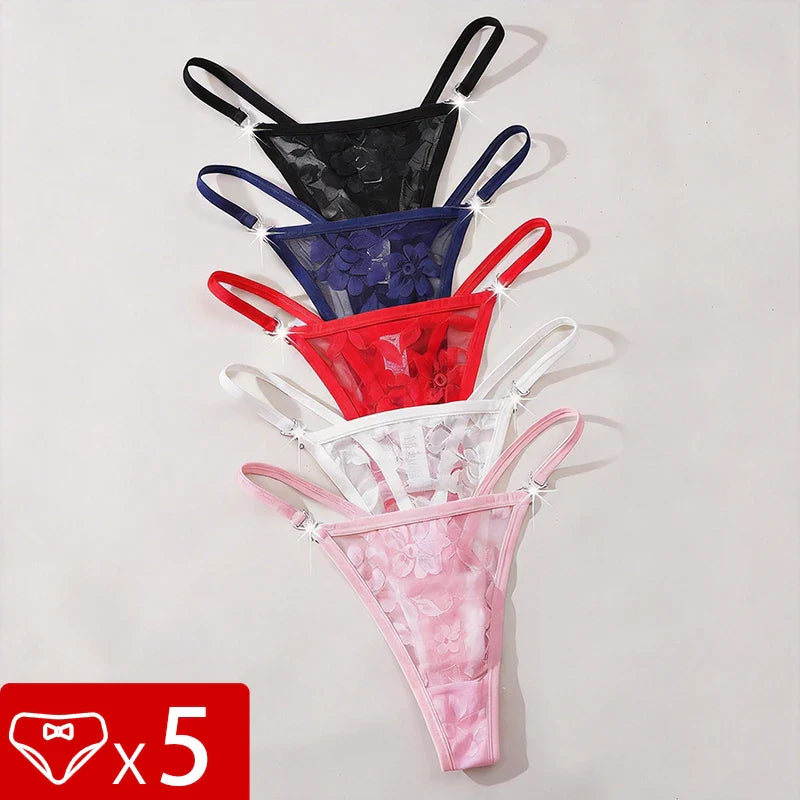 5pcs/pack Low Waist Sexy Women's G-String Underwear Floral Elegant Thongs Breathable Lingerie with Rhinestones Female Panties