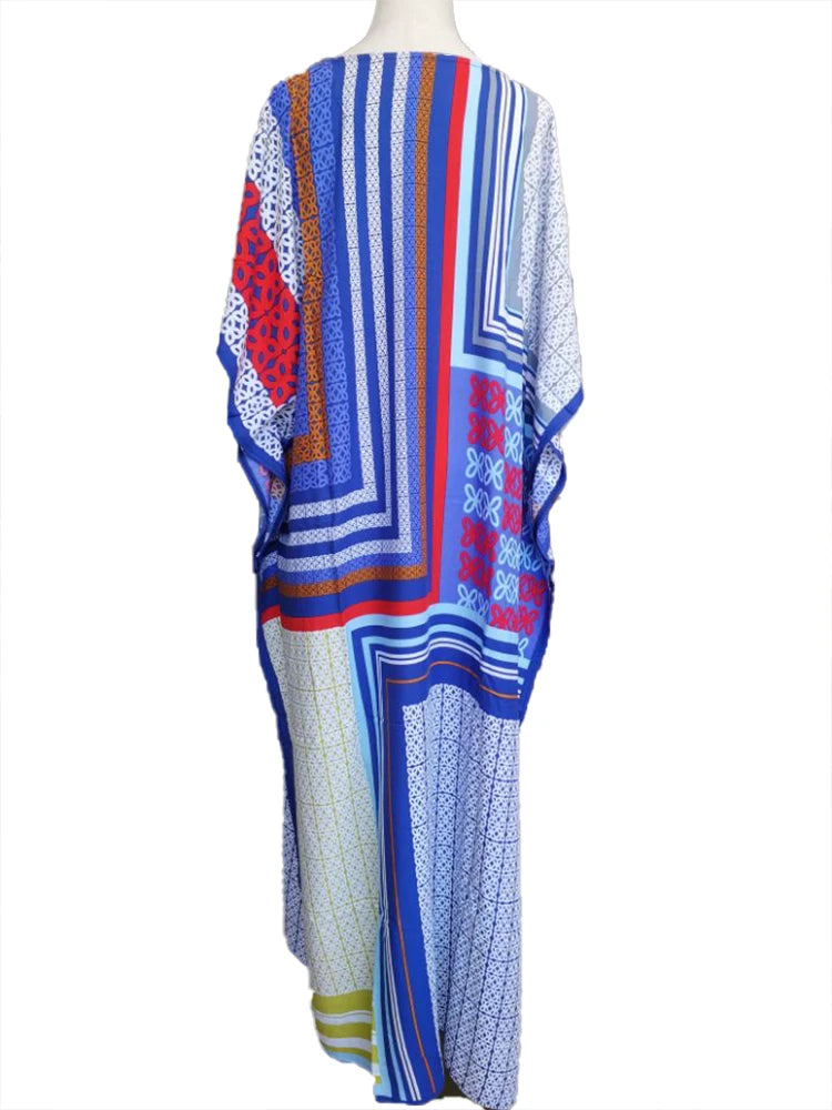 2025 Loose Boho Style Maxi Dress Print Face Swim Suit Cover-up Bohemian Dress Robe Plage Kaftan Maxi Dress Beach Wear Tunics