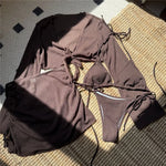 Beige Mesh Halter String Triangle Micro Thong Bikinis Sets 4 Pieces Long Sleeve Cover Ups Sexy Swimsuit Women Holiday Swimwear
