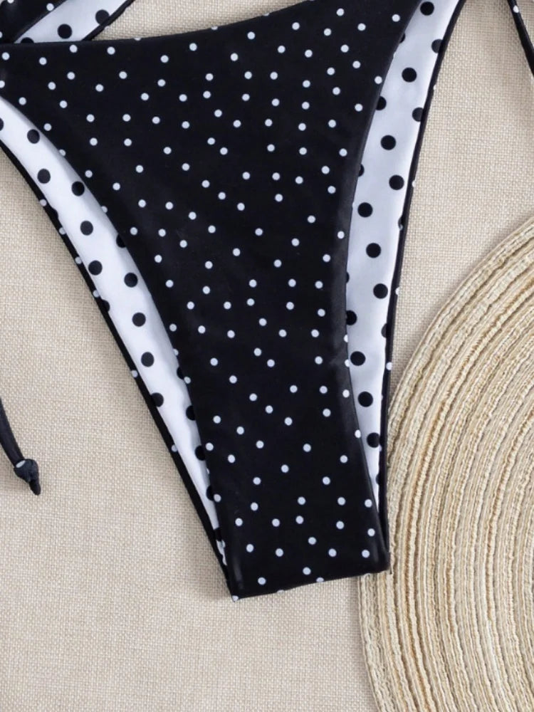 Sexy Black Polka Dot Print 3 Piece Bikini Set Women Tie Side Thong Swimsuit Brazilian Push Up Bathing Suit Swimwear Biquini 2026