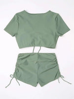 Sexy Drawstring Bikini Set 2026 Women Green Black Short Sleeve Two Piece Swimsuit Summer Bathing Suit Pleate High Waist Swimwear
