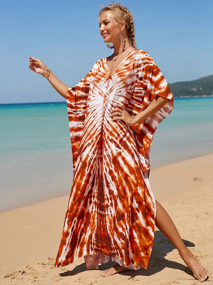 2025 Loose Boho Style Maxi Dress Print Face Swim Suit Cover-up Bohemian Dress Robe Plage Kaftan Maxi Dress Beach Wear Tunics