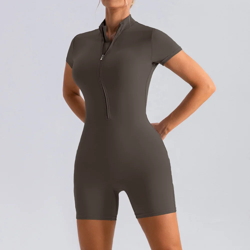 Yoga Jumpsuit Fashion Zipper Dance Short Playsuit Women Romper Short Sleeve Gym Fitness Overalls One Piece Sports Suit Unitard