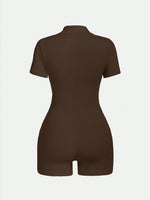 Women's Solid Color Half Zip Ribbed Knit Short Sleeve Romper Sports Soft Slim Fit Mock Neck Jumpsuit Streetwear 2025 Summer