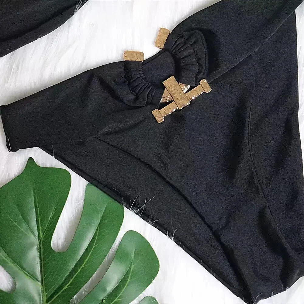 Sexy Solid Black Bikini 2024 New Women Off Shoulder High Cut Push Up Padded Rhinestone Swimwear Brazilian Bathing Suit Swimsuit