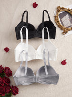 3PCS Plus Size Women's Underwear Set Lace Trim Ribbed Push up Bra Wide Shoulder Straps Underwire Thin Cup Comfy Lingerie Bra