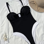 Vintage Black White Patchwork Swimwear Women 2026 Sexy Metal U Neck Backless One Piece Swimsuit Beach Bathing Suits Monokini