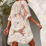 One SizeSexy Lace Up Summer Beach Cover Up Solid Color Women Beach Dress Flower Embroidery Women Clothes