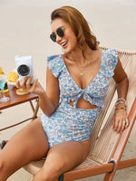 Vintage Blue Floral Print One Piece Swimsuit Skirt Sets Women Front Bow Ruffles Hollow Tummy Control Bathing Suit Swimwear 2026