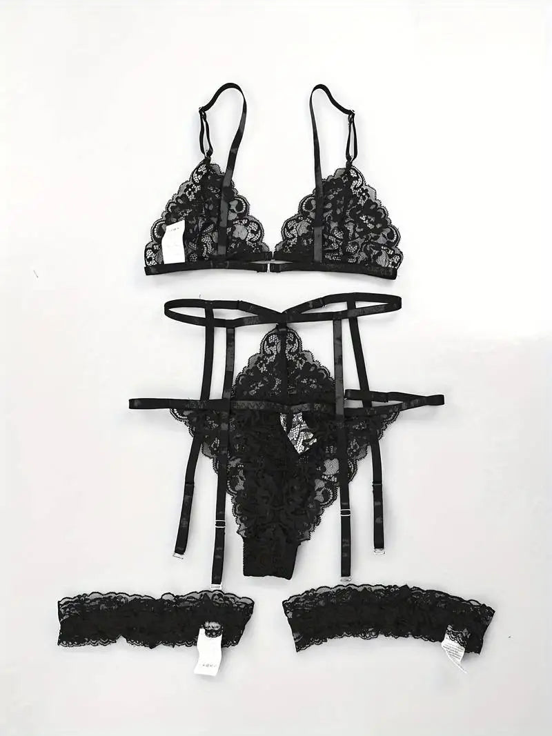 Hot Sexy Lingerie Female Bra Garter Panty Ultra-thin Semi See-through Full Lace Comfortable No-steel Ring Bras Thong Body Suit