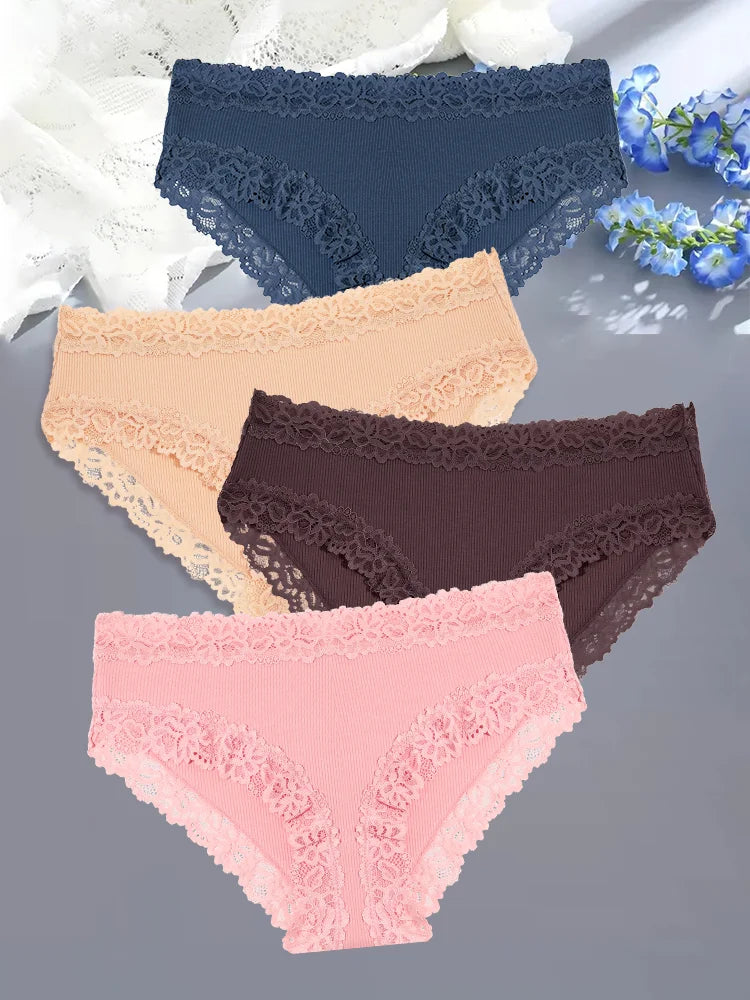 4Pcs Sexy Cotton Lace Panty Women Low Waist Panties Underwear S-XL Solid Color Ladies Briefs Lingere Underware Comfortable Women