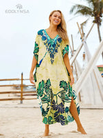2026 Indie Folk Embroidered Short Sleeve Summer Dress Cotton Tunic Beach Kaftan Women Beachwear Swimsuit Cover Up Robe de plage