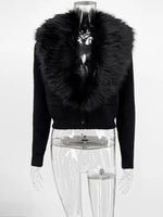 Trendix Black Knit Cardigan For Women Winter Detachable Faux Fur Collar Short Tops Street Slim Party Elegant Outerwear Top Femme