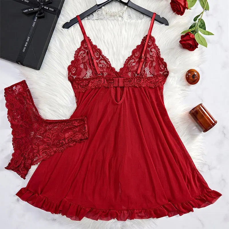 2025 Lace Sleeping Robe Nightgown Set Hot Erotic Pajamas With Summer Sleeveless Halter Dress Sexy Sleepwear For Plus Size Woman