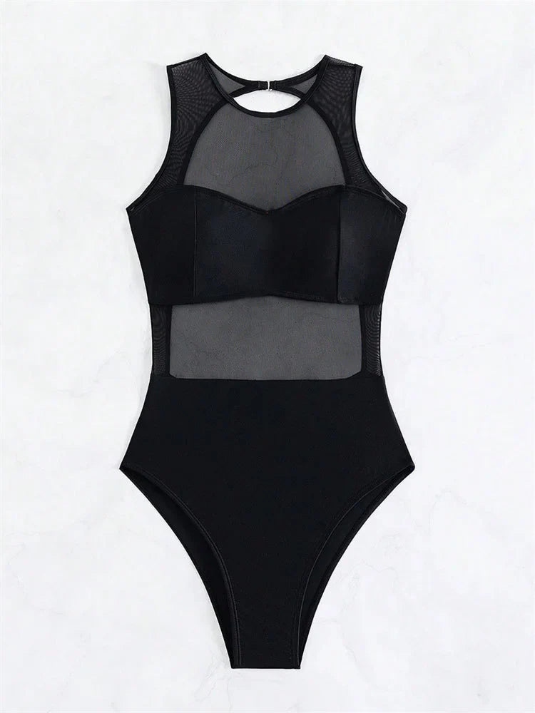 Sexy See Through One Piece Swimsuit 2025 Women Solid Black Mesh Transparent Hollow Out Backless Bathing Suit Swimwear Beachwear