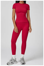New Yoga Set Two Piece Women Short Sleeve Top with High Waist Leggings Seamless Workout Clothes Patchwork Sport Fitness Gym Sets