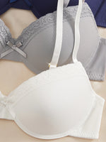 4PCS Daily Lace Trim Women's Underwear Set Bow Ribbed Push up Underwire Bra Comfortable Stylish Women's Bra