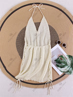 Solid Knit Halter V-neck Side Cross Straps Slim Beach Mini Dress 2026 Women Crochet Beach Swimsuit Cover Up Vacation Outfit K104
