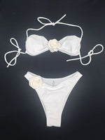 Sexy 3D Flower Patchwork Swimwear Thong Bikini 2024 Women Lace-up Swimsuit Halter Drawstring Swimming Bathing Suit Biquini Mujer