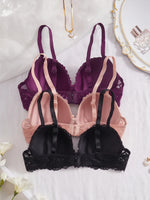 3Pcs Floral Lace Women's Underwear Set Daily Push-Up Bra Rhinestone Breathable Mesh Bra for Women