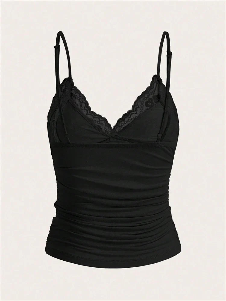 Sexy Contrast Lace Bow Front Crop Cami Top Women 2024 Summer Grunge Punk Y2K Clothes Ruched Skinny Backless Tee Shirt
