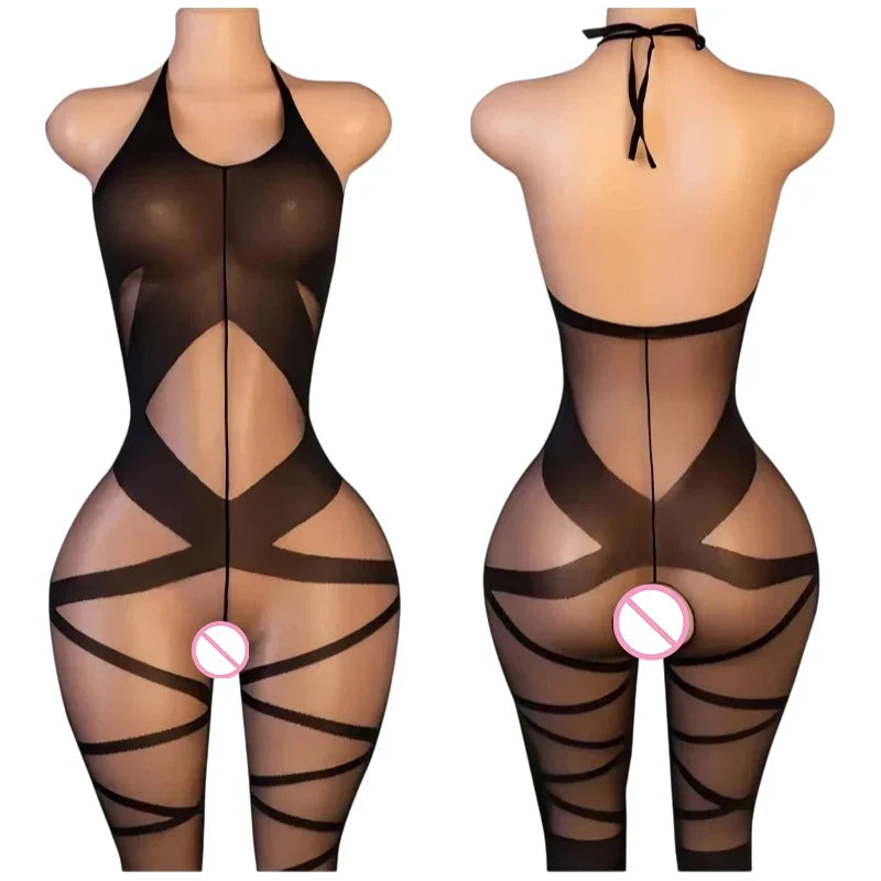 One Piece Crotchless Bodystocking EroticTransparent Sexy Lingerie Sexiest Bodysuit Mesh Hollow Bra Set Black Full Body Stockings