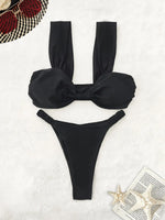 2026 Swimwear Women Halter Low Cut Bikini Set Solid Pleated Split Swimsuit Sexy Thongs Summer New Holiday Bathing Suit