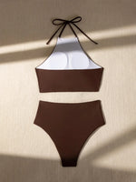 Sexy Halter Pleate Bikini Set 2025 Women Coffee Push Up Crop Top with High Waist Swimsuit Summer Holiday Bathing Suit Swimwear