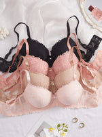 4PCS Plus Size Lace Women's Underwear Set Underwire Push Up Bra Rhinestone Bow Comfort B C D Thin Cup Bras Women