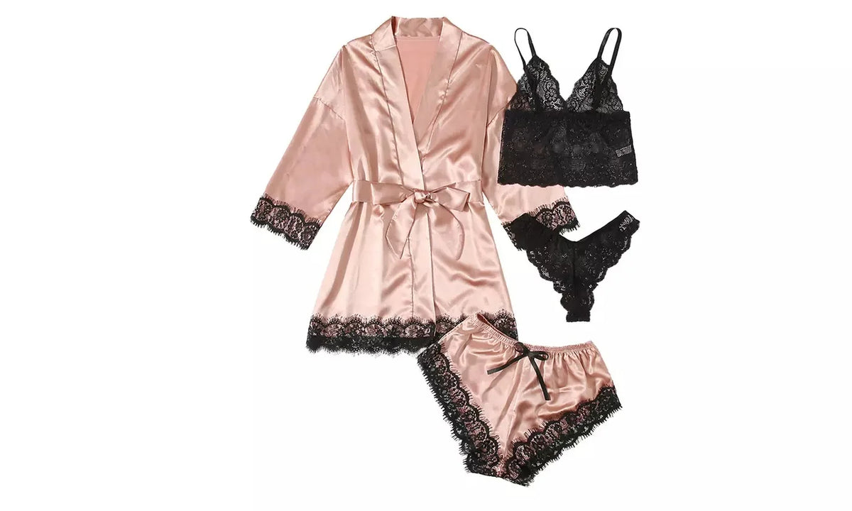 Women's Sexy Satin Lace Lingerie Set – Soft Pink Nightwear with Robe, Bralette, Shorts & Panty for Sweet Girly