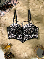 Hot Leopard Print Women's Corset Bra, Strappy Push up Bra Bustier Sexy Crop Top for Party