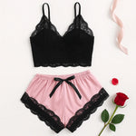 2PCS Women's Satin Pajama Set Lace Cami Top and Shorts Sexy Lingerie Sleepwear Summer Breathable Nightwear Black And Pink