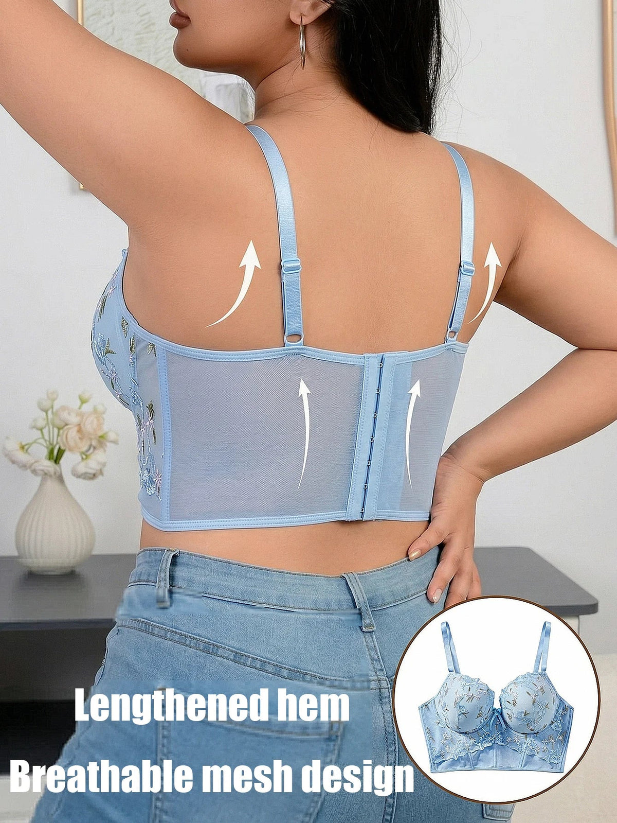 Women's Floral Embroidery Lace Push Up Bra With Underwire Longline Shaping Side Support Minimizer Comfortable Bra