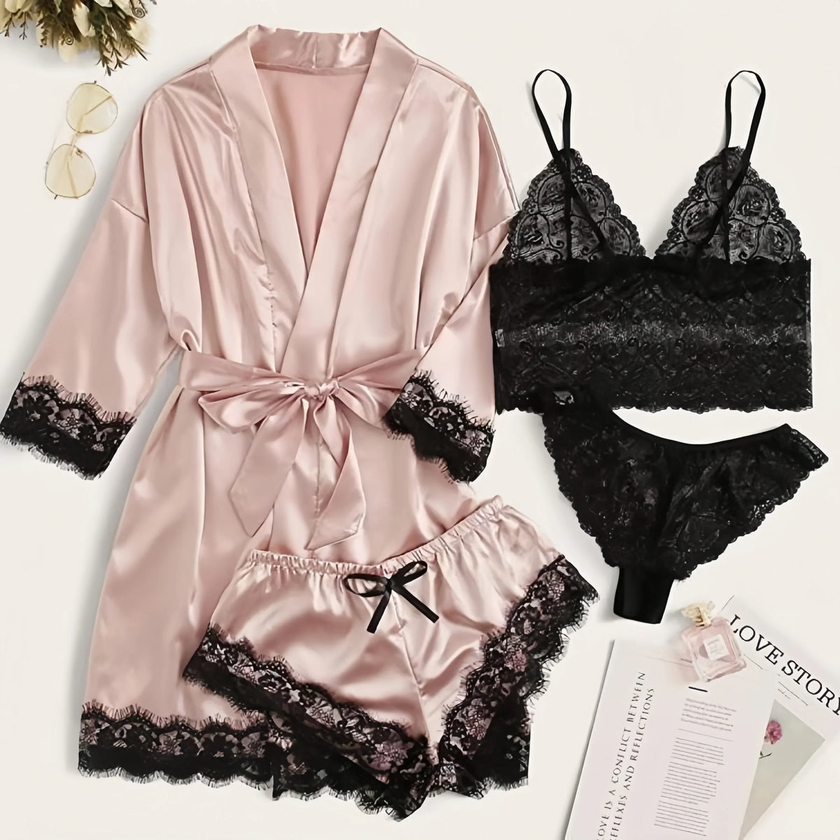 Women's Sexy Satin Lace 3PCS Sleepwear – Robe in Wine Red, Black & Pink for Romantic Look & Home Use