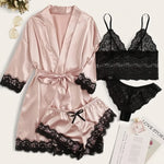 Women's Sexy Satin Lace 3PCS Sleepwear – Robe in Wine Red, Black & Pink for Romantic Look & Home Use