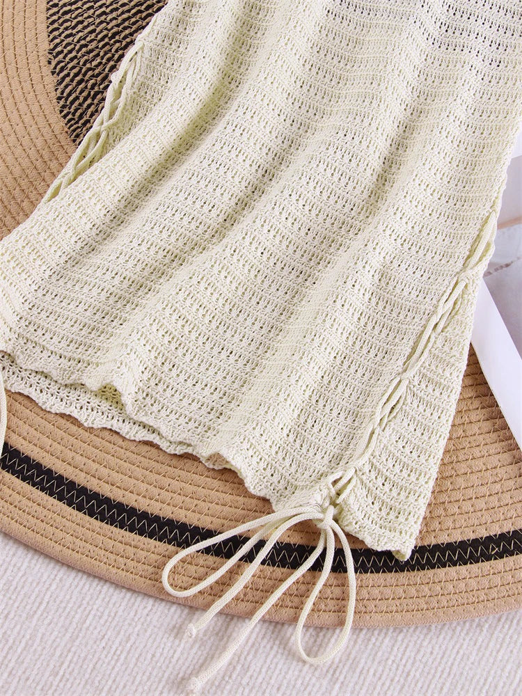 Solid Knit Halter V-neck Side Cross Straps Slim Beach Mini Dress 2026 Women Crochet Beach Swimsuit Cover Up Vacation Outfit K104