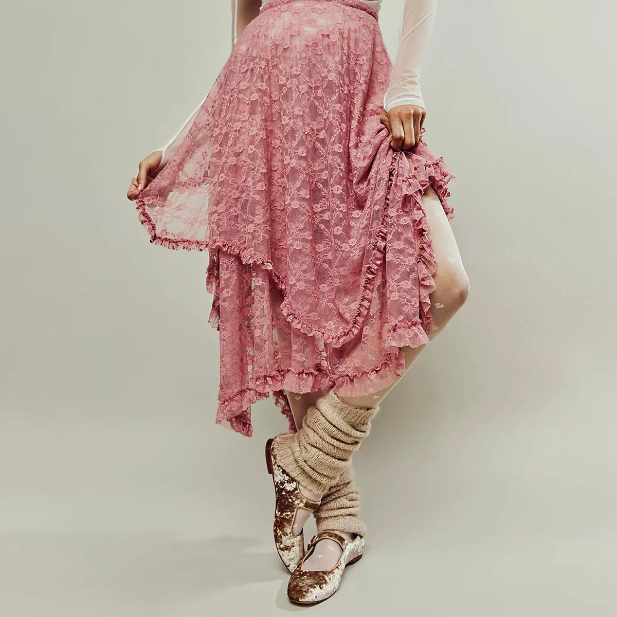 Vintage Lace Flower Women Midi Skirts Elastic High Waist Skirts Spring Summer Chic Irregular Hem Casual Female Skirts