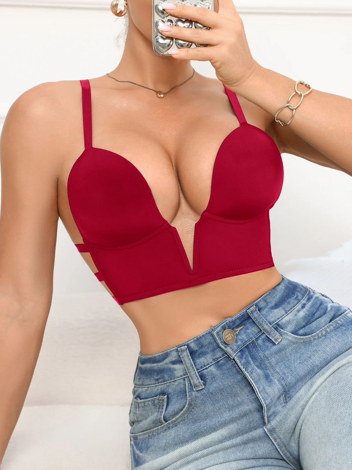 Fashionable Solid Color Women Bra Minimalist Deep V Push up Bra Comfortable and Sexy Underwire Lingerie Underwear