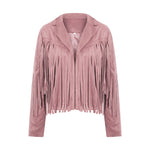Women Spring Autumn Slim Long Sleeve Open Front Coat Solid Color Collared Jacket with Tassels Black/ Coffee/ Pink