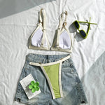 Sexy Khaki Patchwork Micro Bikini 2026 Women Brazilian Push Up Bra Metal Circle Thong Swimsuit Bathing Suit Holiday Swimwear